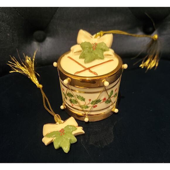 Lenox “Sounds of the Season” Drum Ornament w/ Charm & Box – Holiday Holly Gold - Picture 1 of 7